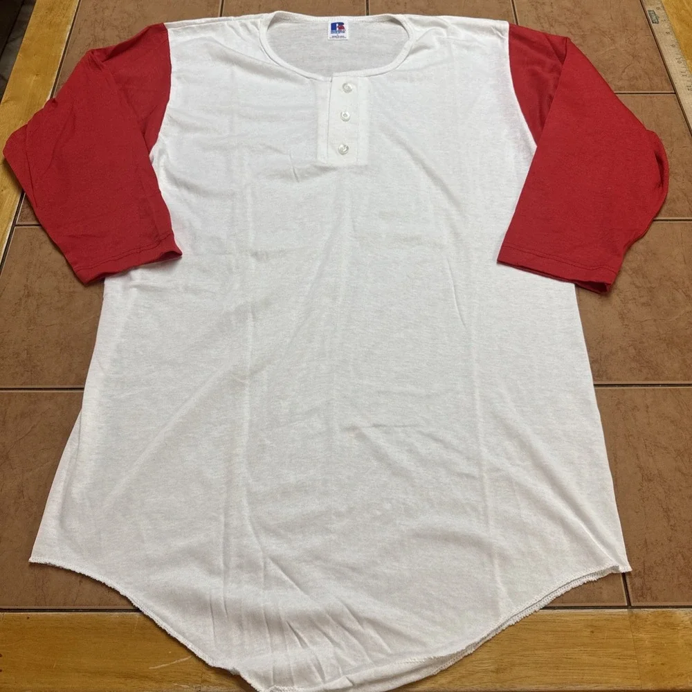 VTG Russell Athletic Shirt Sz L White Red 3/4 Sleeve Raglan Baseball USA Made